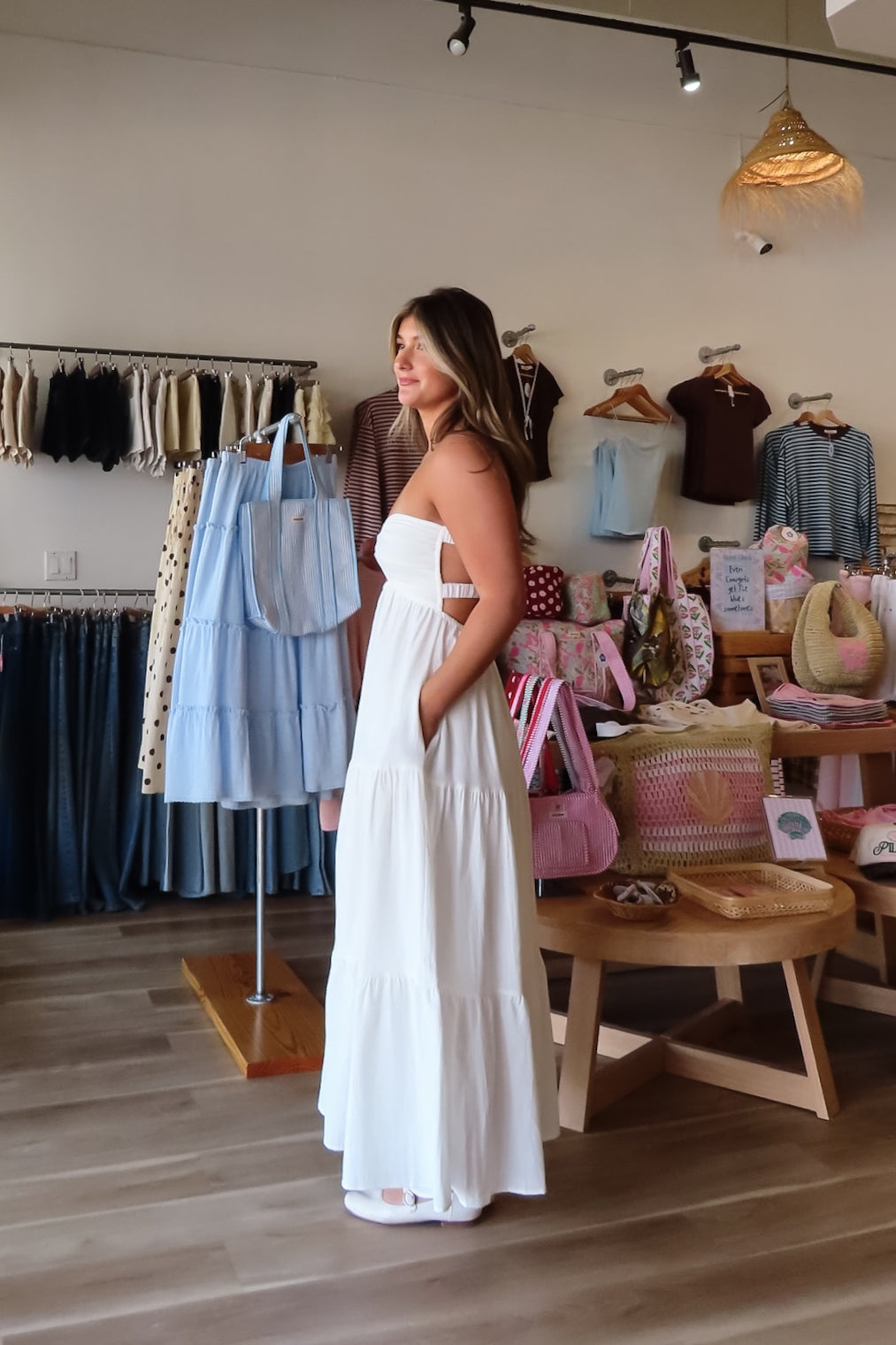 White, lined strapless maxi dress with twisted bust, center cutout, and double elasticated back straps
Pixelated Boutique, Women's Clothing, Virginia Beach Clothing Stores, Clothing Stores in Virginia Beach, Virginia Beach Boutique, 757 Boutique, Online Shopping for Women, summer aesthetic, brunch outfit, vacation style, vacation outfits, beach boutique, beach fashion, beach outfits, graduation dress, bachelorette dress