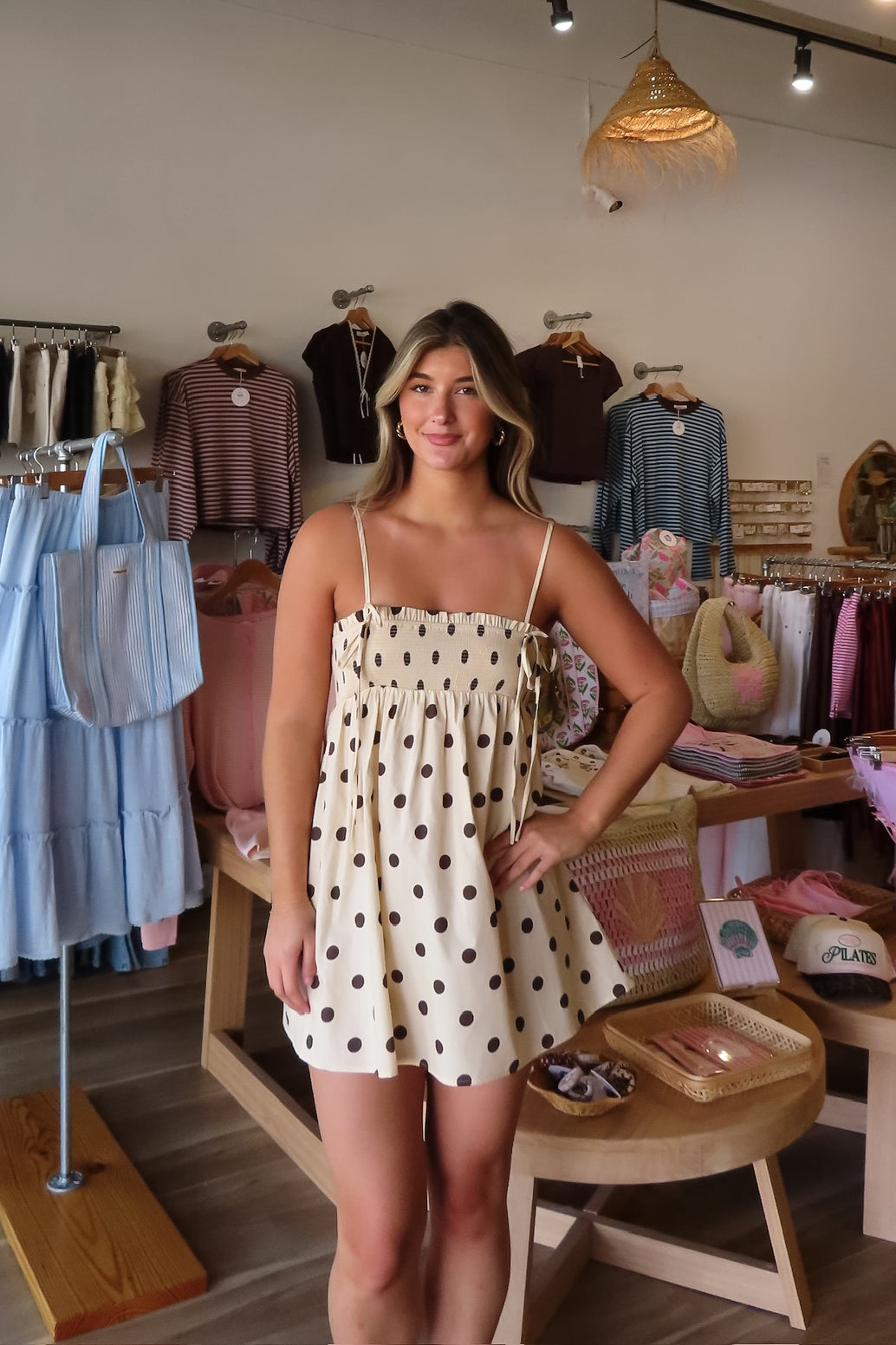 Cream, polka dot top/dress with empire waist, tunic length, adjustable straps, and front and back bows
757 Boutique, Online Shopping for Women, summer aesthetic, brunch outfit, vacation style, vacation outfits, beach boutique, beach fashion, beach outfits, women’s boutique clothing, boutique clothing for women, coastal cowgirl outfits, coastal aesthetic clothing, business casual, concert outfit, 2000s fashion, western outfits
