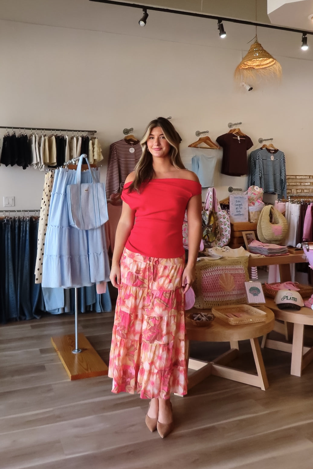 Orange, floral maxi skirt with sheer fabric, ruffled tiers, and drawstring waist
Pixelated Boutique, Women's Clothing, Virginia Beach Clothing Stores, Clothing Stores in Virginia Beach, Virginia Beach Boutique, 757 Boutique, Online Shopping for Women, summer aesthetic, brunch outfit, vacation style, vacation outfits, beach boutique, beach fashion, beach outfits, women’s boutique clothing, boutique clothing for women, coastal cowgirl outfits, coastal aesthetic clothing