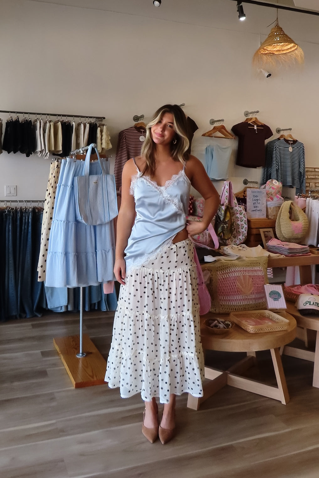 Cream, polka dot lined maxi skirt with ruffled tiers and elastic waistband
757 Boutique, Online Shopping for Women, summer aesthetic, brunch outfit, vacation style, vacation outfits, beach boutique, beach fashion, beach outfits, women’s boutique clothing, boutique clothing for women, coastal cowgirl outfits, coastal aesthetic clothing, business casual, concert outfit, 2000s fashion, western outfits