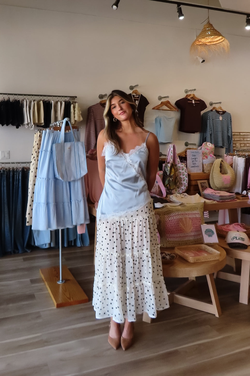 Cream, polka dot lined maxi skirt with ruffled tiers and elastic waistband
757 Boutique, Online Shopping for Women, summer aesthetic, brunch outfit, vacation style, vacation outfits, beach boutique, beach fashion, beach outfits, women’s boutique clothing, boutique clothing for women, coastal cowgirl outfits, coastal aesthetic clothing, business casual, concert outfit, 2000s fashion, western outfits