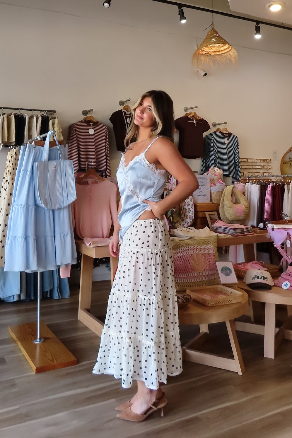 Cream, polka dot lined maxi skirt with ruffled tiers and elastic waistband
757 Boutique, Online Shopping for Women, summer aesthetic, brunch outfit, vacation style, vacation outfits, beach boutique, beach fashion, beach outfits, women’s boutique clothing, boutique clothing for women, coastal cowgirl outfits, coastal aesthetic clothing, business casual, concert outfit, 2000s fashion, western outfits