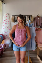 Red, gingham tank top with square neckline, button front, and crossed back straps
Virginia Beach Boutique, 757 Boutique, Online Shopping for Women, summer aesthetic, brunch outfit, vacation style, vacation outfits, beach boutique, beach fashion, beach outfits, women’s boutique clothing, boutique clothing for women, coastal cowgirl outfits, coastal aesthetic clothing, business casual, concert outfit, 2000s fashion, western outfits, july 4th outfit, patriotic top