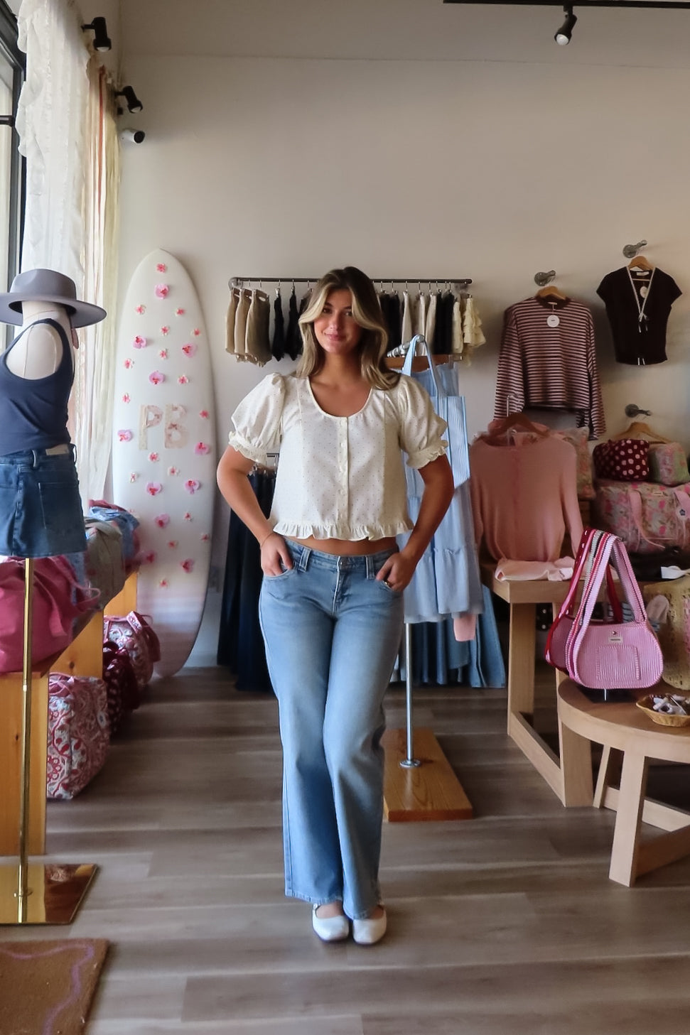 Cream, polka dot blouse with scoop neck, front buttons, puff sleeves, and ruffle trim
757 Boutique, Online Shopping for Women, summer aesthetic, brunch outfit, vacation style, vacation outfits, beach boutique, beach fashion, beach outfits, women’s boutique clothing, boutique clothing for women, coastal cowgirl outfits, coastal aesthetic clothing, business casual, concert outfit, 2000s fashion, western outfits