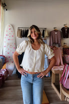 Cream, polka dot blouse with scoop neck, front buttons, puff sleeves, and ruffle trim
757 Boutique, Online Shopping for Women, summer aesthetic, brunch outfit, vacation style, vacation outfits, beach boutique, beach fashion, beach outfits, women’s boutique clothing, boutique clothing for women, coastal cowgirl outfits, coastal aesthetic clothing, business casual, concert outfit, 2000s fashion, western outfits