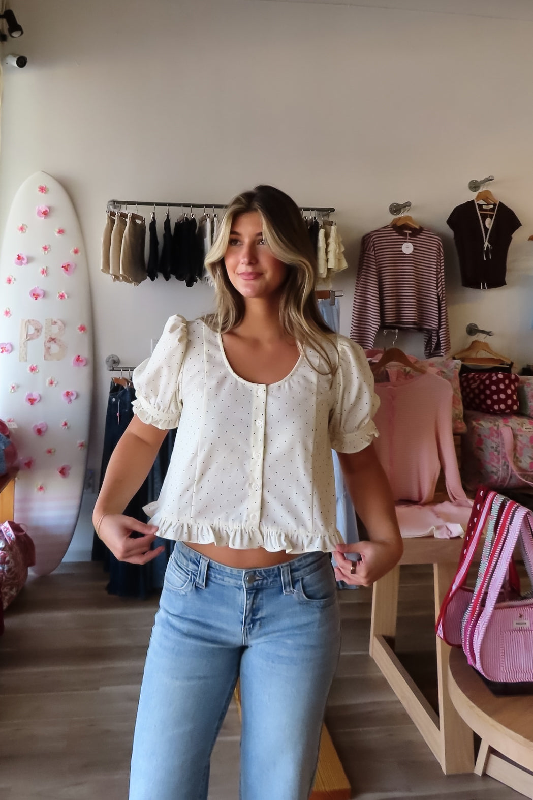 Cream, polka dot blouse with scoop neck, front buttons, puff sleeves, and ruffle trim
757 Boutique, Online Shopping for Women, summer aesthetic, brunch outfit, vacation style, vacation outfits, beach boutique, beach fashion, beach outfits, women’s boutique clothing, boutique clothing for women, coastal cowgirl outfits, coastal aesthetic clothing, business casual, concert outfit, 2000s fashion, western outfits