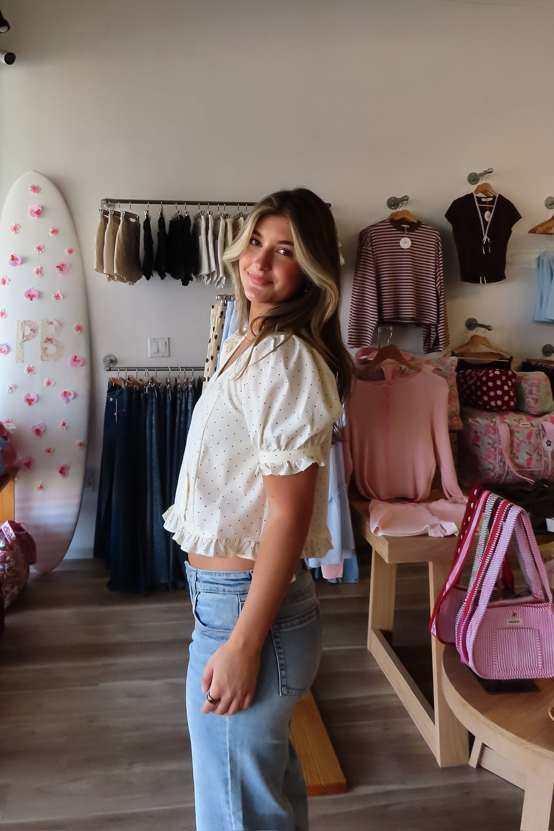 Cream, polka dot blouse with scoop neck, front buttons, puff sleeves, and ruffle trim
757 Boutique, Online Shopping for Women, summer aesthetic, brunch outfit, vacation style, vacation outfits, beach boutique, beach fashion, beach outfits, women’s boutique clothing, boutique clothing for women, coastal cowgirl outfits, coastal aesthetic clothing, business casual, concert outfit, 2000s fashion, western outfits