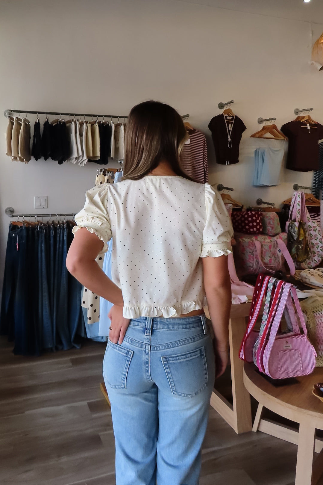Cream, polka dot blouse with scoop neck, front buttons, puff sleeves, and ruffle trim
757 Boutique, Online Shopping for Women, summer aesthetic, brunch outfit, vacation style, vacation outfits, beach boutique, beach fashion, beach outfits, women’s boutique clothing, boutique clothing for women, coastal cowgirl outfits, coastal aesthetic clothing, business casual, concert outfit, 2000s fashion, western outfits