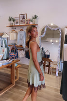 Green, mini dress with V neckline, contrast lace front and trim, adjustable straps, and ruffled hem
757 Boutique, Online Shopping for Women, summer aesthetic, brunch outfit, vacation style, vacation outfits, beach boutique, beach fashion, beach outfits, women’s boutique clothing, boutique clothing for women, coastal cowgirl outfits, coastal aesthetic clothing, business casual, concert outfit