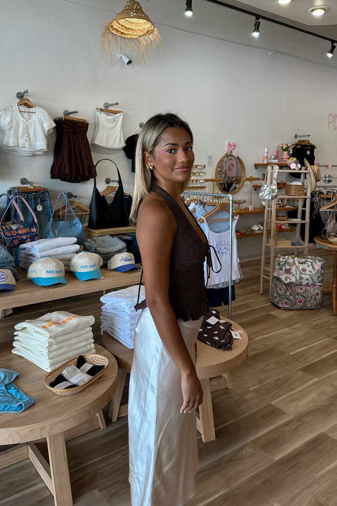 Brown Low Cut Top, Pixelated Boutique, Women's Clothing, Women's Jewelry and Gifts, Online Shopping for Women, Latest Fashion Trends 2025, Virginia Beach Clothing Stores, Clothing Stores in Virginia Beach, Aesthetic Fashion Trends, East Coast Fashion Styles, Sustainable Women's Clothing, Unique Gift Ideas for Women, Fall Fashion, Fall Outfit Ideas, Fall Fashion Inspiration, Womens Style, Outfit Inspo, Back to School Styles, Back To School Outfit