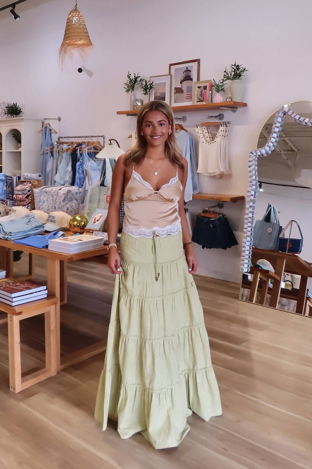 Green, maxi skirt with ruffled tiers and drawstring waistband
757 Boutique, Online Shopping for Women, summer aesthetic, brunch outfit, vacation style, vacation outfits, beach boutique, beach fashion, beach outfits, women’s boutique clothing, boutique clothing for women, coastal cowgirl outfits