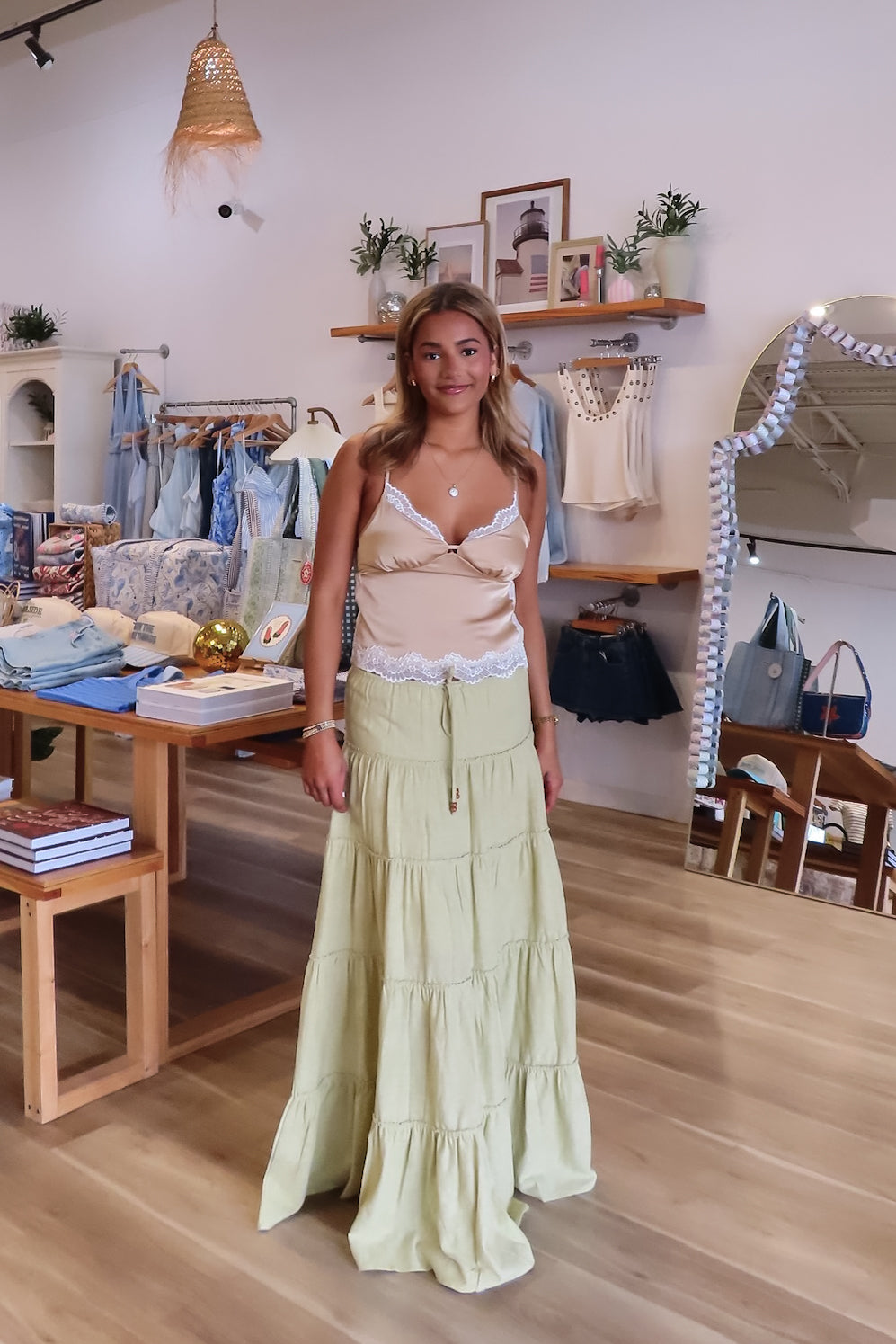 Green, maxi skirt with ruffled tiers and drawstring waistband
757 Boutique, Online Shopping for Women, summer aesthetic, brunch outfit, vacation style, vacation outfits, beach boutique, beach fashion, beach outfits, women’s boutique clothing, boutique clothing for women, coastal cowgirl outfits