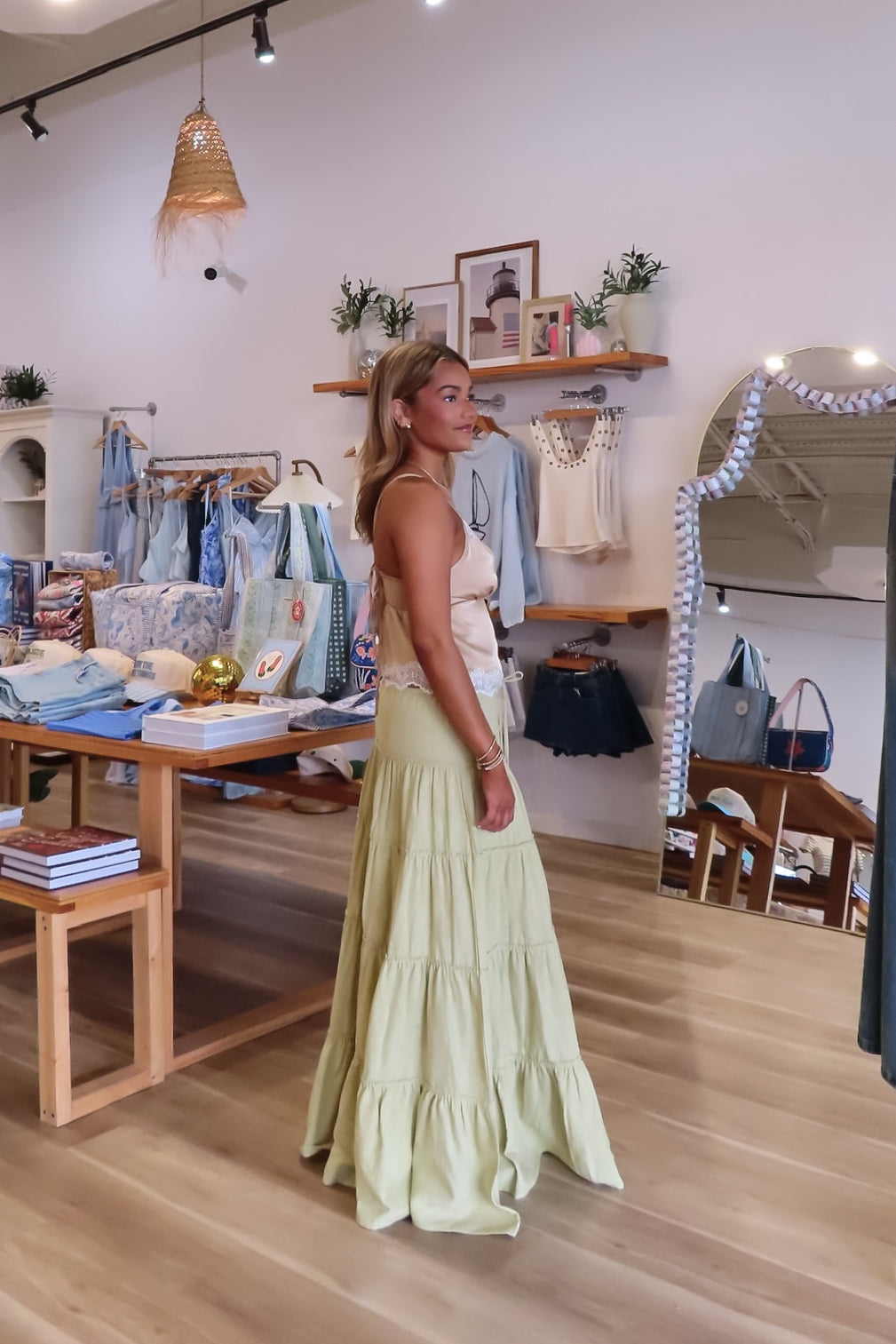 Green, maxi skirt with ruffled tiers and drawstring waistband
757 Boutique, Online Shopping for Women, summer aesthetic, brunch outfit, vacation style, vacation outfits, beach boutique, beach fashion, beach outfits, women’s boutique clothing, boutique clothing for women, coastal cowgirl outfits