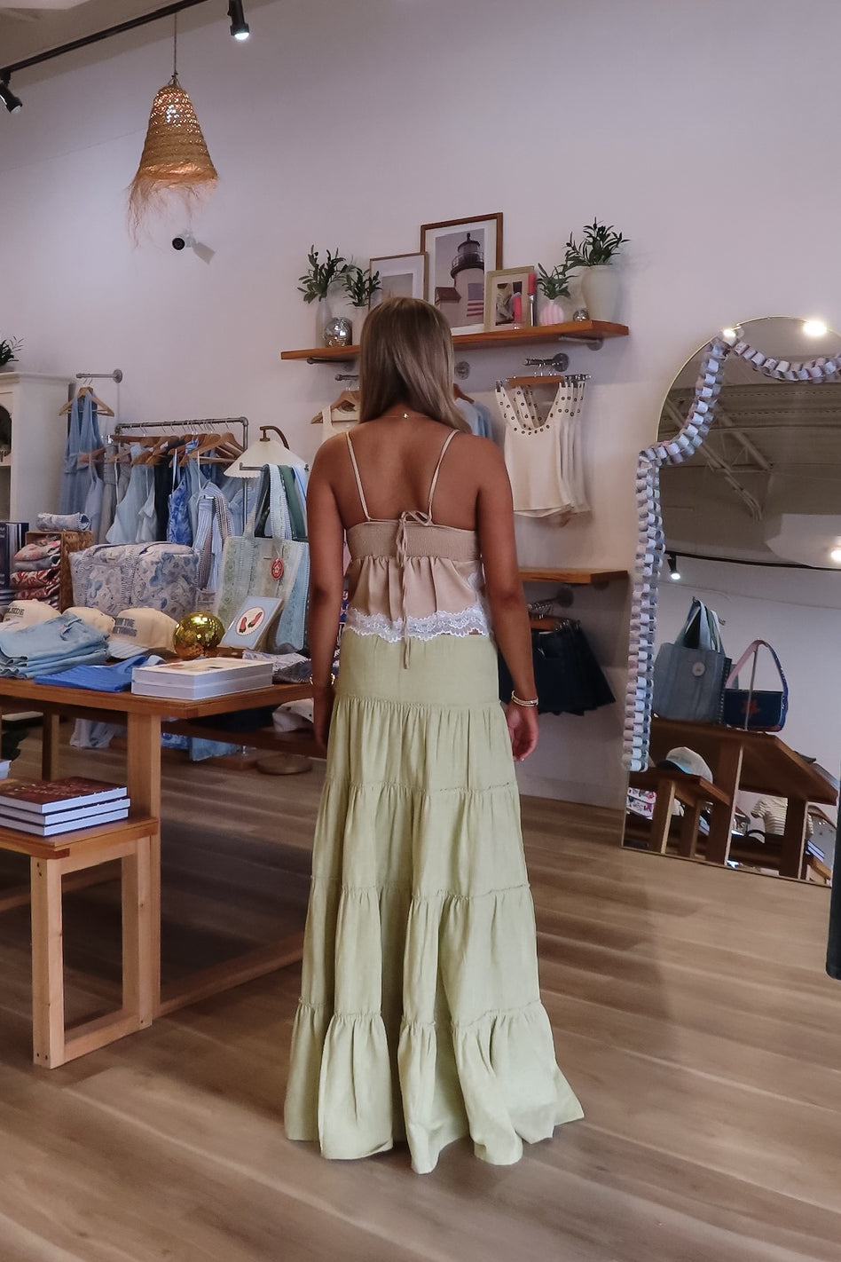 Green, maxi skirt with ruffled tiers and drawstring waistband
757 Boutique, Online Shopping for Women, summer aesthetic, brunch outfit, vacation style, vacation outfits, beach boutique, beach fashion, beach outfits, women’s boutique clothing, boutique clothing for women, coastal cowgirl outfits