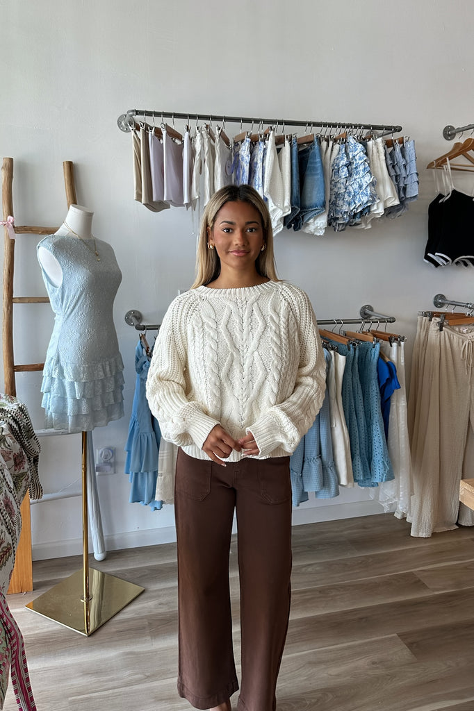 Cream Cableknit Sweater, Pixelated Boutique, Women's Clothing, Women's Jewelry and Gifts, Online Shopping for Women, Latest Fashion Trends 2025, Virginia Beach Clothing Stores, Clothing Stores in Virginia Beach, Aesthetic Fashion Trends, East Coast Fashion Styles, Sustainable Women's Clothing, Unique Gift Ideas for Women, Fall Fashion, Fall Outfit Ideas, Fall Fashion Inspiration, Womens Style, Outfit Inspo, Back to School Styles, Back to School Outfit