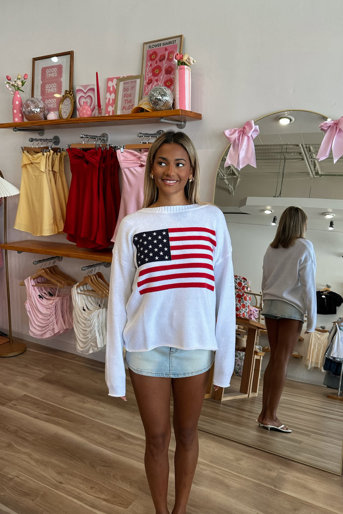 White American Flag Sweater, Pixelated Boutique, Women's Clothing, Women's Jewelry and Gifts, Online Shopping for Women, Latest Fashion Trends 2025, Virginia Beach Clothing Stores, Clothing Stores in Virginia Beach, Aesthetic Fashion Trends, East Coast Fashion Styles, Sustainable Women's Clothing, Unique Gift Ideas for Women, Fall Fashion, Fall Outfit Ideas, Fall Fashion Inspiration, Womens Style, Outfit Inspo, Back to School Styles, Back to School Outfit