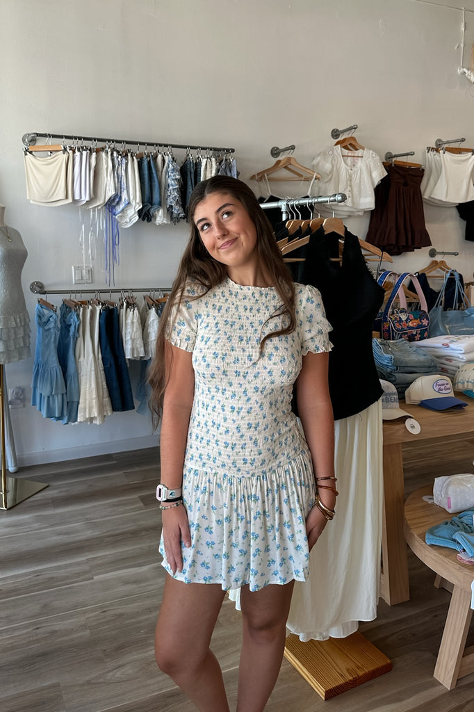 White with Blue Floral Print Mini Dress, Pixelated Boutique, Women's Clothing, Women's Jewelry and Gifts, Online Shopping for Women, Latest Fashion Trends 2025, Virginia Beach Clothing Stores, Clothing Stores in Virginia Beach, Aesthetic Fashion Trends, East Coast Fashion Styles, Sustainable Women's Clothing, Unique Gift Ideas for Women, Fall Fashion, Fall Outfit Ideas, Fall Fashion Inspiration, Womens Style, Outfit Inspo, Back to School Styles, Back to School Outfit, Runh Sorority Dress