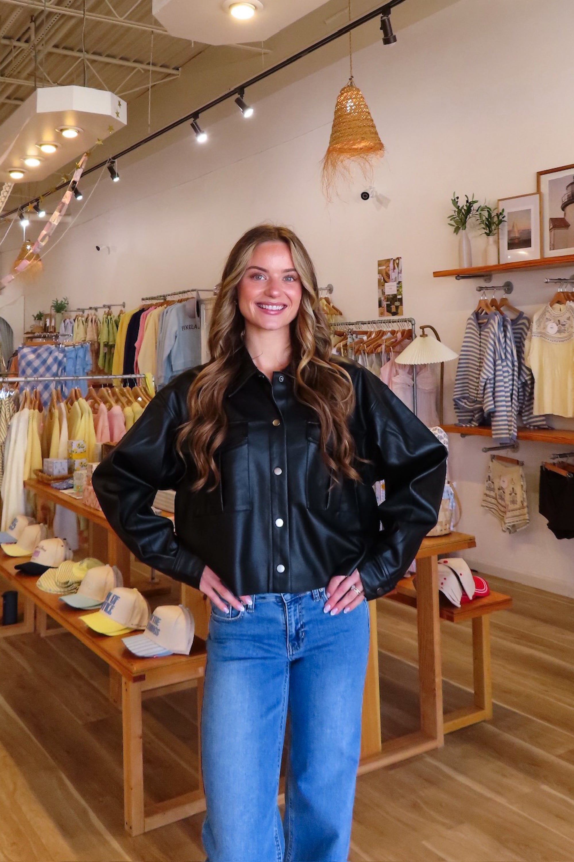 Black, leather jacket with crop fit, functional buttons, front pockets, and collar | Pixelated Boutique, Statement Jacket, Fall Fashion, Stylish Women’s Jacket, Fall Outerwear, Autumn Fashion, Fall Outfits Women, Fall Fashion 2026, Faux Leather Jacket, Women’s Jackets, Women’s Layering Pieces, Fall Outerwear Women