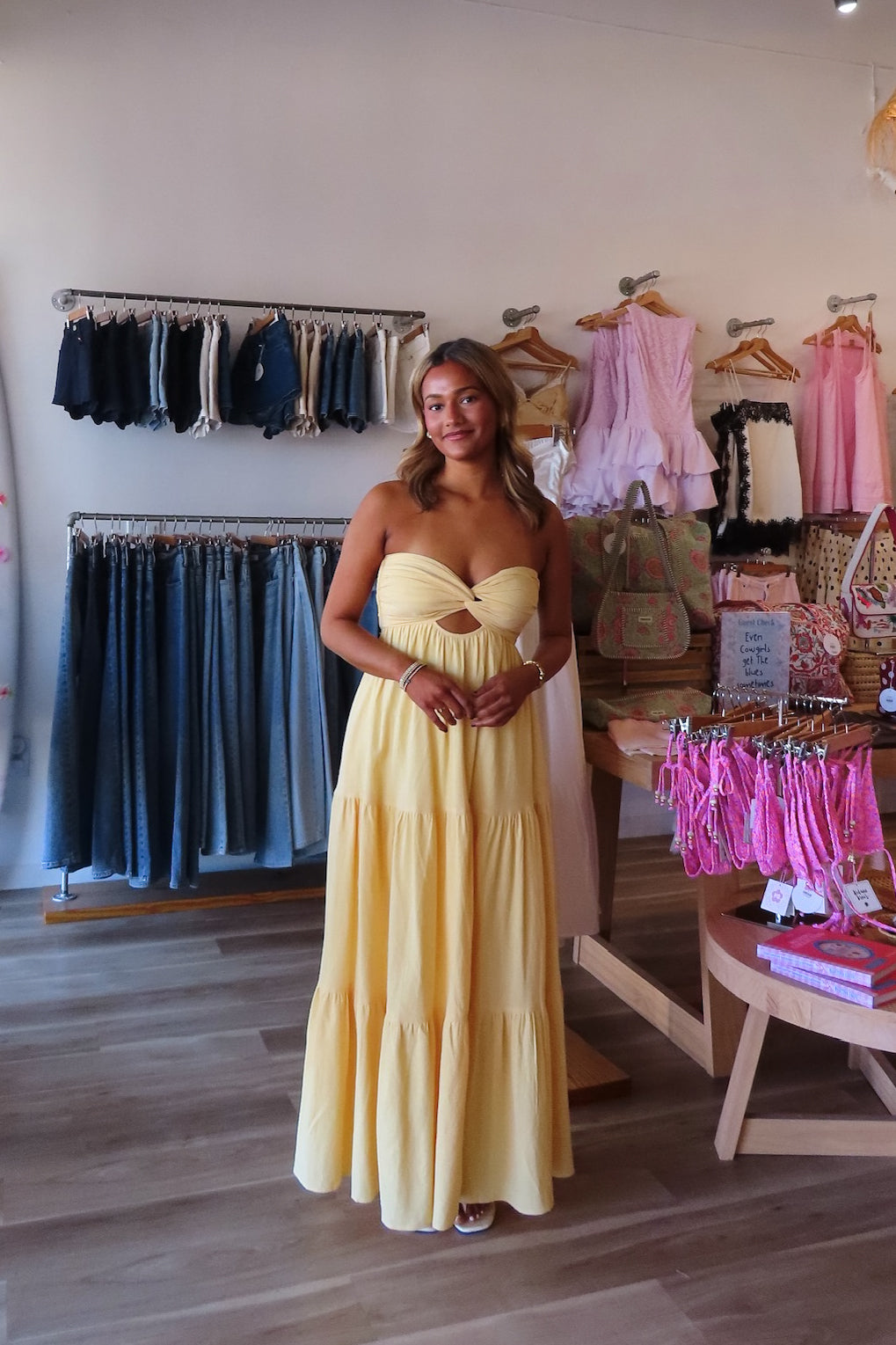 Yellow, lined strapless maxi dress with twisted bust, center cutout, and double elasticated back straps
Virginia Beach Boutique, 757 Boutique, Online Shopping for Women, summer aesthetic, brunch outfit, vacation style, vacation outfits, beach boutique, beach fashion, beach outfits, women’s boutique clothing, boutique clothing for women, coastal cowgirl outfits, coastal aesthetic clothing, business casual, concert outfit
