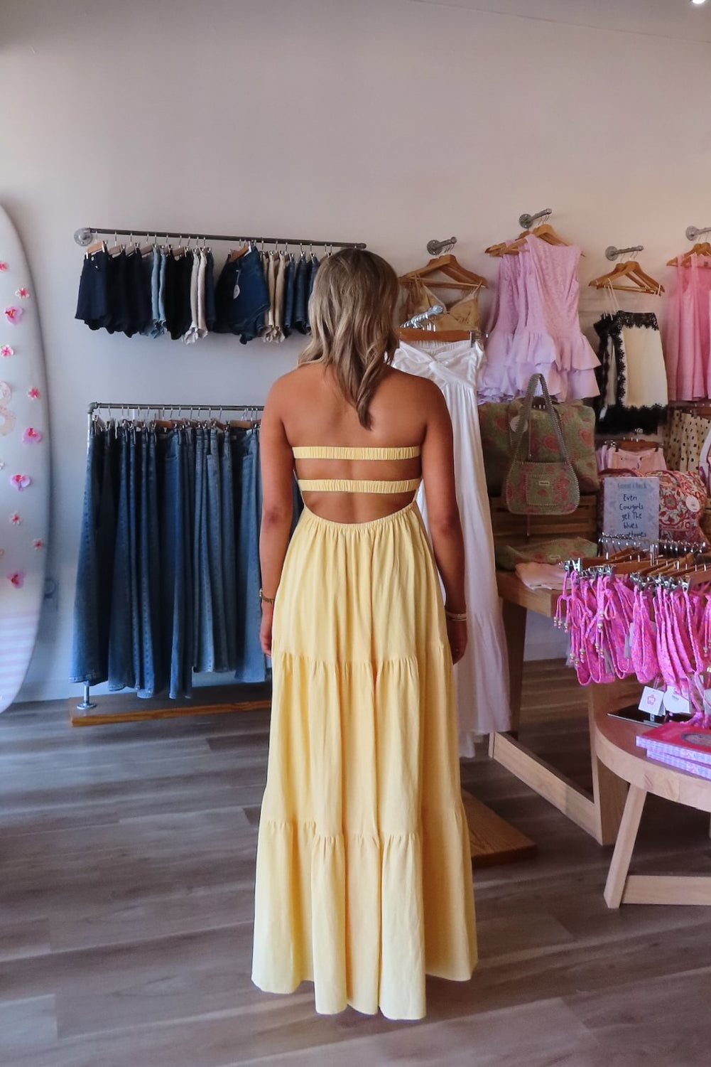 Yellow, lined strapless maxi dress with twisted bust, center cutout, and double elasticated back straps
Virginia Beach Boutique, 757 Boutique, Online Shopping for Women, summer aesthetic, brunch outfit, vacation style, vacation outfits, beach boutique, beach fashion, beach outfits, women’s boutique clothing, boutique clothing for women, coastal cowgirl outfits, coastal aesthetic clothing, business casual, concert outfit