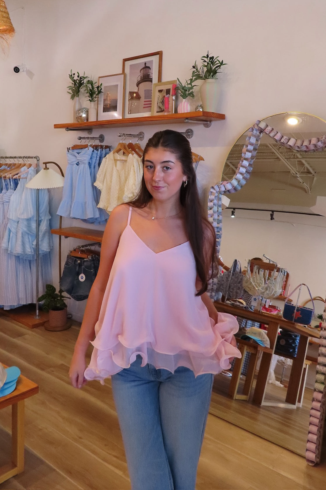 Pink, swing cami top with V neckline, asymmetric hem, ruffled chiffon layers, back tie, and adjustable straps