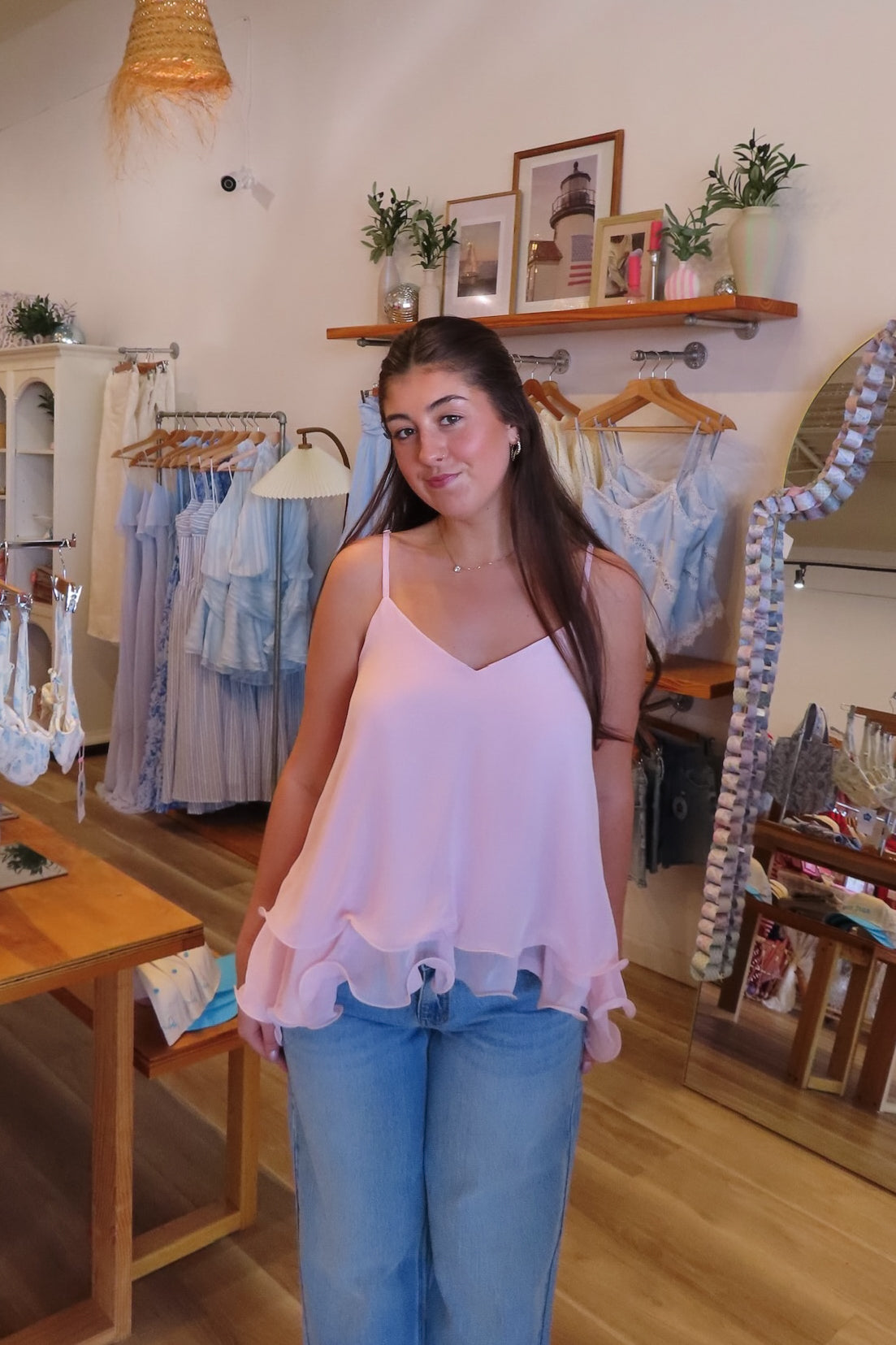 Pink, swing cami top with V neckline, asymmetric hem, ruffled chiffon layers, back tie, and adjustable straps
Pixelated Boutique, Women's Clothing, Virginia Beach Clothing Stores, Clothing Stores in Virginia Beach, Virginia Beach Boutique, 757 Boutique, Online Shopping for Women, summer aesthetic, brunch outfit, vacation style, vacation outfits, beach boutique, beach fashion, beach outfits