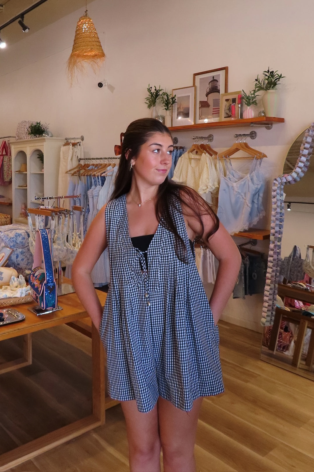 Black, gingham romper with V neckline, front tie, and pleated back
Pixelated Boutique, summer aesthetic, brunch outfit, vacation style, vacation outfits, beach boutique, beach fashion, beach outfits, women’s boutique clothing, boutique clothing for women, coastal cowgirl outfits, coastal aesthetic clothing, business casual, concert outfit, 2000s fashion, western outfits, july 4th outfit
