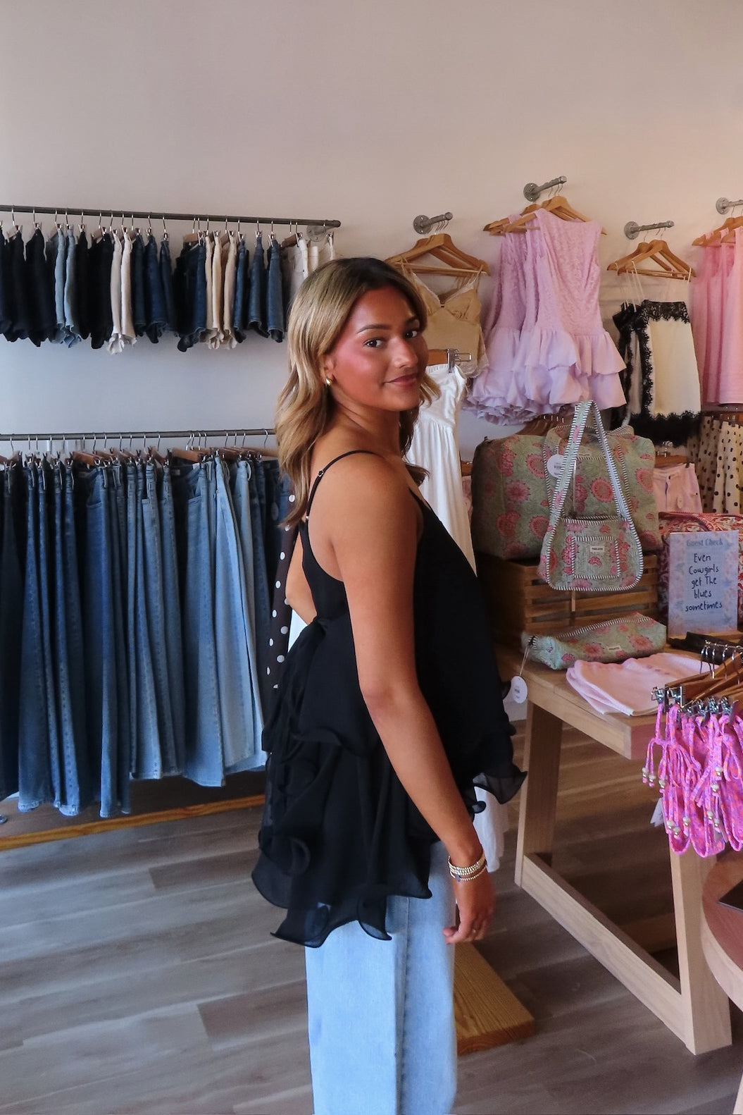 Black, swing cami top with V neckline, asymmetric hem, ruffled chiffon layers, back tie, and adjustable straps
Pixelated Boutique, Women's Clothing, Virginia Beach Clothing Stores, Clothing Stores in Virginia Beach, Virginia Beach Boutique, 757 Boutique, Online Shopping for Women, summer aesthetic, brunch outfit, vacation style, vacation outfits, beach boutique, beach fashion, beach outfits, women’s boutique clothing, boutique clothing for women, coastal cowgirl outfits, coastal aesthetic clothing, business
