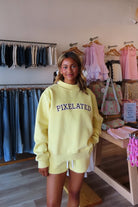 Yellow, sweatshorts with elastic waistband, drawstring, straight leg, and fleece lining
Pixelated Boutique, Virginia Beach Boutique, 757 Shopping, fleece sweatshorts women, women’s fleece shorts, cozy lounge set, luxury loungewear women, chic athleisure set, clean girl aesthetic sweatshirt, relaxed fit sweat set, fleece matching set, pilates outfit, summer sweatshirt