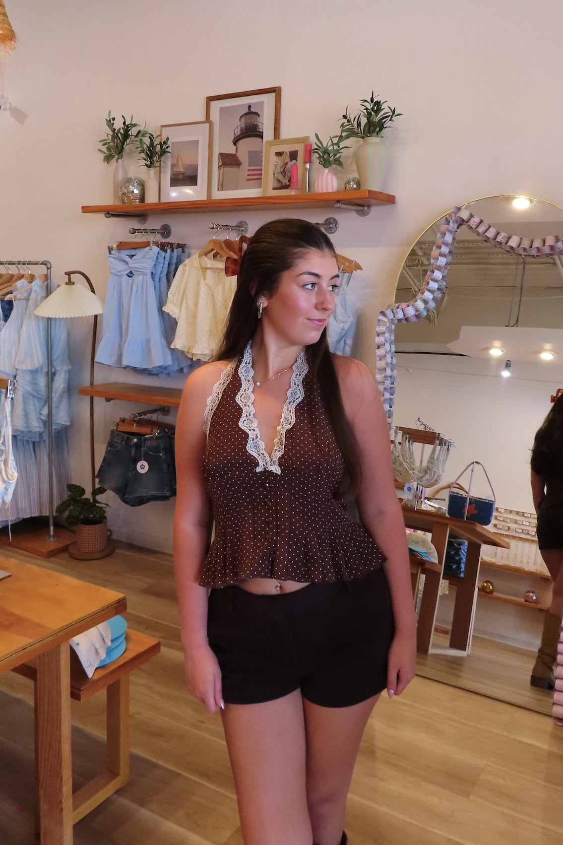 Brown, polka dot halter top with V neckline, front buttons, lace trim, smocked back, and peplum hem
757 Boutique, Online Shopping for Women, summer aesthetic, brunch outfit, vacation style, vacation outfits, beach boutique, beach fashion, beach outfits, women’s boutique clothing, boutique clothing for women, coastal cowgirl outfits, coastal aesthetic clothing, business casual, concert outfit, 2000s fashion, western outfits