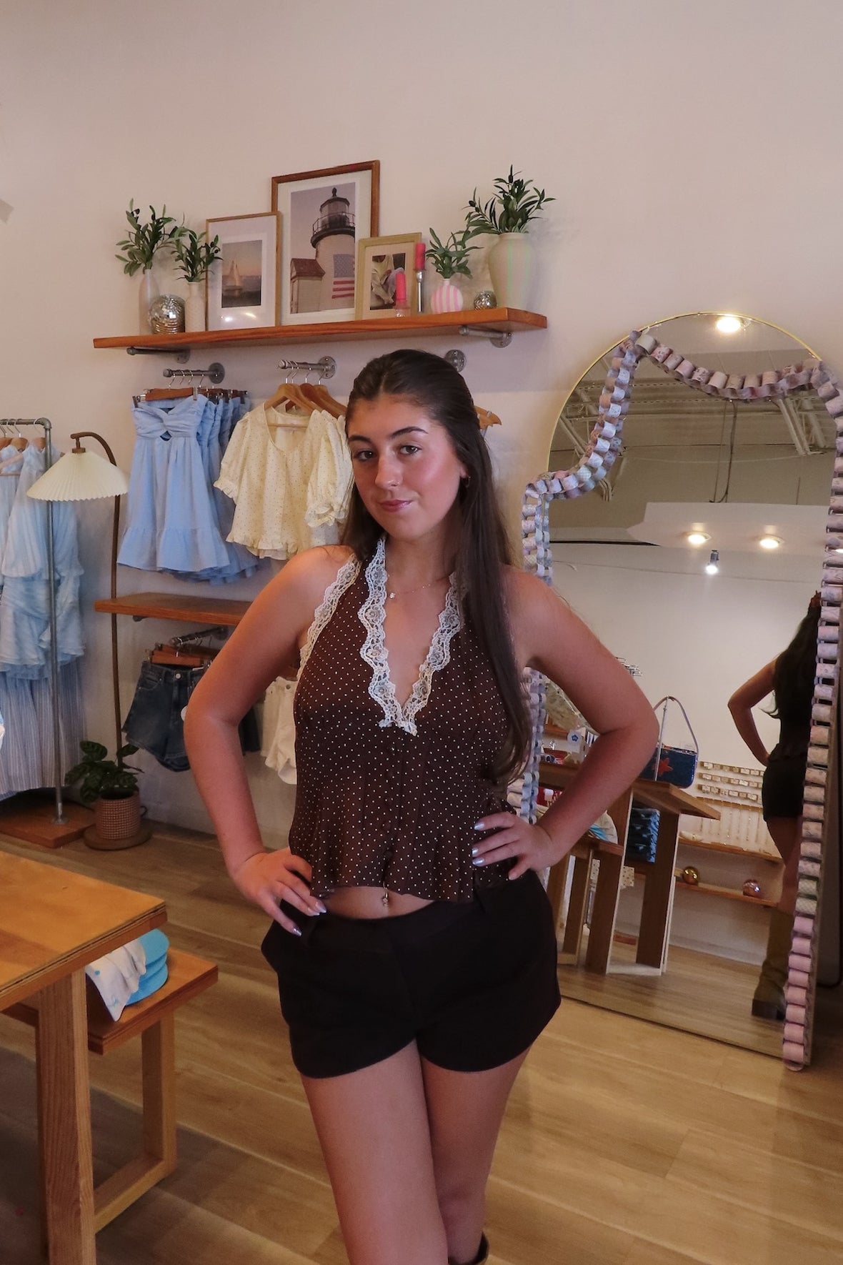 Brown, polka dot halter top with V neckline, front buttons, lace trim, smocked back, and peplum hem
757 Boutique, Online Shopping for Women, summer aesthetic, brunch outfit, vacation style, vacation outfits, beach boutique, beach fashion, beach outfits, women’s boutique clothing, boutique clothing for women, coastal cowgirl outfits, coastal aesthetic clothing, business casual, concert outfit, 2000s fashion, western outfits