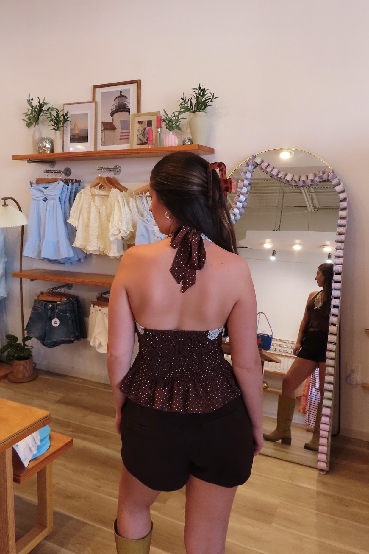 Brown, polka dot halter top with V neckline, front buttons, lace trim, smocked back, and peplum hem
757 Boutique, Online Shopping for Women, summer aesthetic, brunch outfit, vacation style, vacation outfits, beach boutique, beach fashion, beach outfits, women’s boutique clothing, boutique clothing for women, coastal cowgirl outfits, coastal aesthetic clothing, business casual, concert outfit, 2000s fashion, western outfits