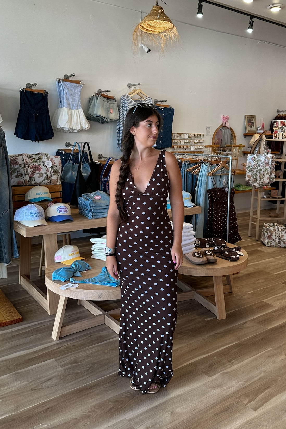 Maxi Dress, Brown and White Polka dot dress, Pixelated Boutique, Women's Clothing, Women's Jewelry and Gifts, Online Shopping for Women, Virginia Beach Clothing Stores, Aesthetic, East Coast Fashion Styles, Women's Clothing, Fall Fashion, Fall Outfit Ideas, Fall Fashion Inspiration, Womens Style, Outfit Inspo, Back to School Styles, OOTD, Rush Dress
