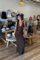 Maxi Dress, Brown and White Polka dot dress, Pixelated Boutique, Women's Clothing, Women's Jewelry and Gifts, Online Shopping for Women, Virginia Beach Clothing Stores, Aesthetic, East Coast Fashion Styles, Women's Clothing, Fall Fashion, Fall Outfit Ideas, Fall Fashion Inspiration, Womens Style, Outfit Inspo, Back to School Styles, OOTD, Rush Dress