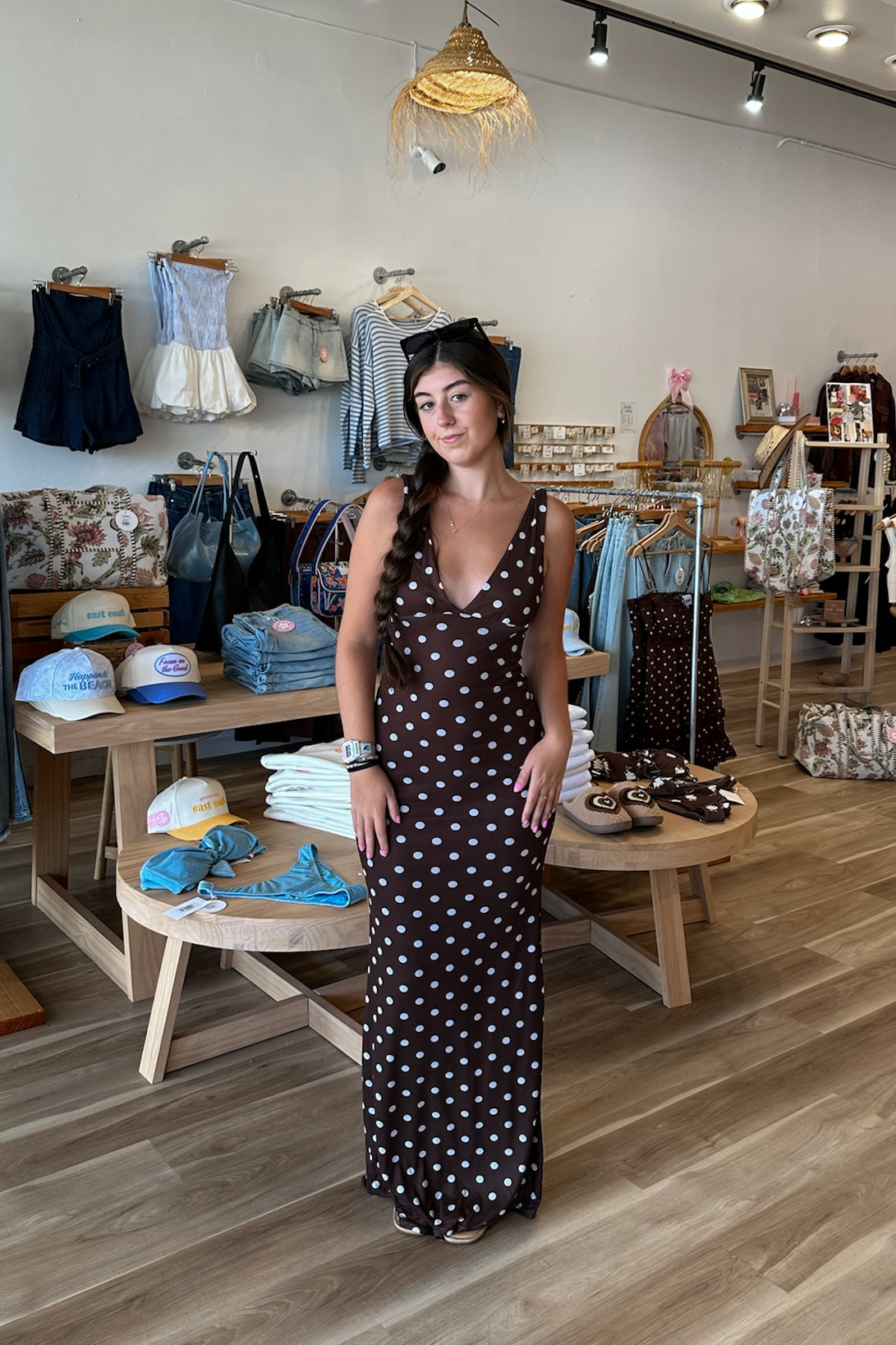 Maxi Dress, Brown and White Polka dot dress, Pixelated Boutique, Women's Clothing, Women's Jewelry and Gifts, Online Shopping for Women, Virginia Beach Clothing Stores, Aesthetic, East Coast Fashion Styles, Women's Clothing, Fall Fashion, Fall Outfit Ideas, Fall Fashion Inspiration, Womens Style, Outfit Inspo, Back to School Styles, OOTD, Rush Dress