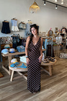 Maxi Dress, Brown and White Polka dot dress, Pixelated Boutique, Women's Clothing, Women's Jewelry and Gifts, Online Shopping for Women, Virginia Beach Clothing Stores, Aesthetic, East Coast Fashion Styles, Women's Clothing, Fall Fashion, Fall Outfit Ideas, Fall Fashion Inspiration, Womens Style, Outfit Inspo, Back to School Styles, OOTD, Rush Dress