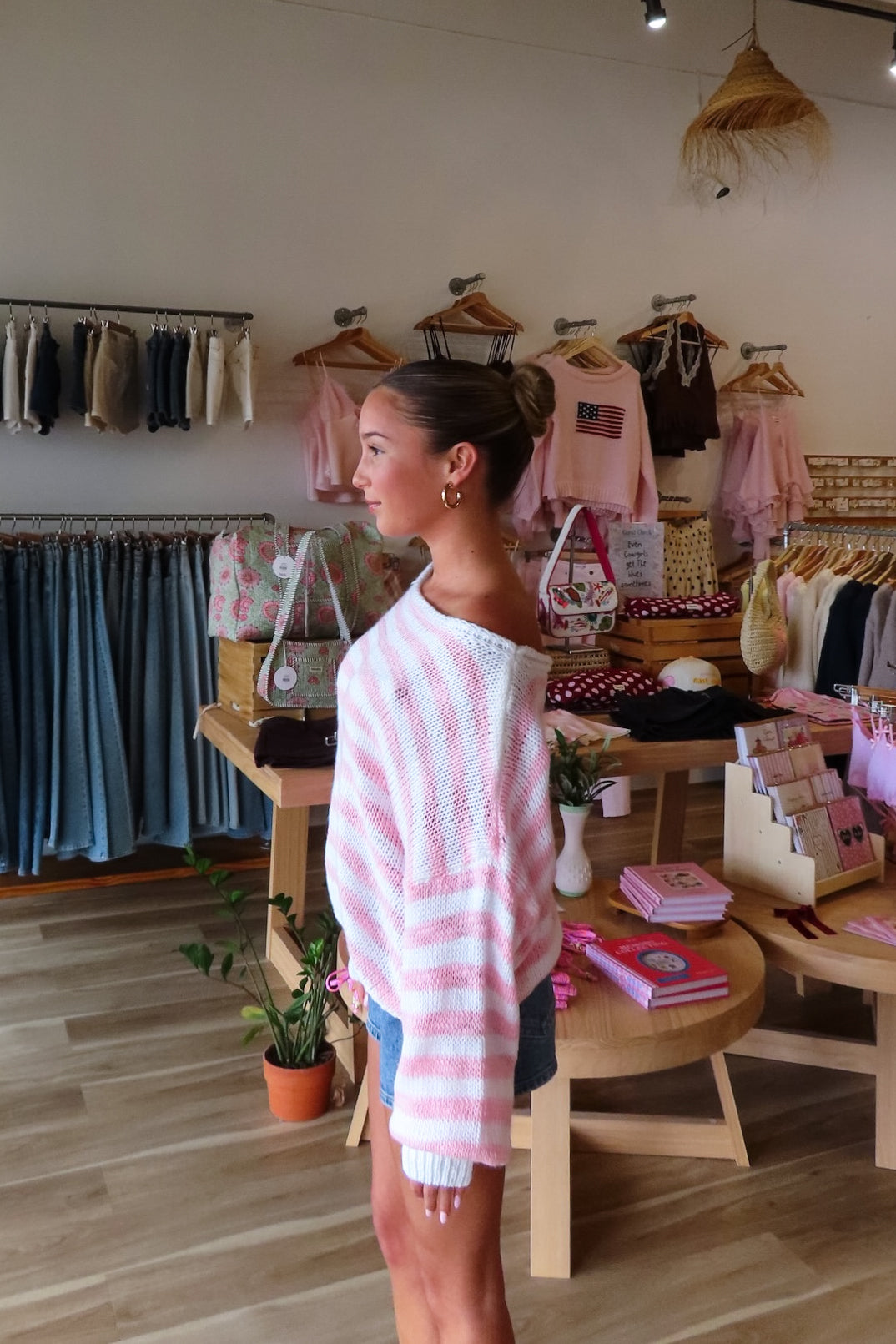 Pink, striped sweater with off shoulder neckline, oversized fit, and ribbed hem, cozy cropped sweater, pink stripes, beach sweater, coastal cowgirl, beach fashion, beach boutique, Virginia Beach boutique, summer fashion 2026