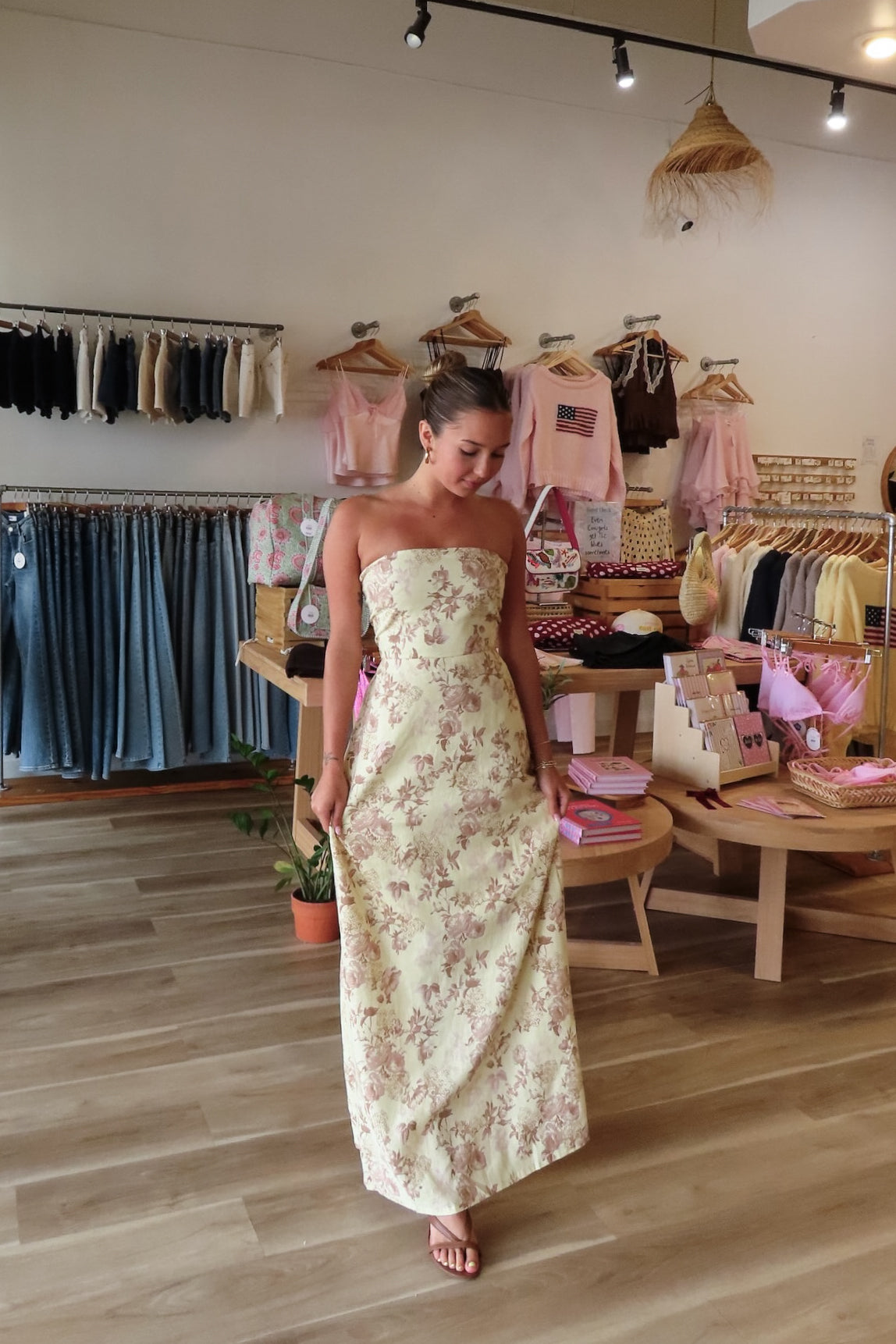 Yellow, floral strapless maxi dress with flared hem, smocked back, and linen blend fabric, formal dress, wedding guest dress, semi-formal dress, special occasion outfit, prom dress, graduation party dress, summer fashion 2026
