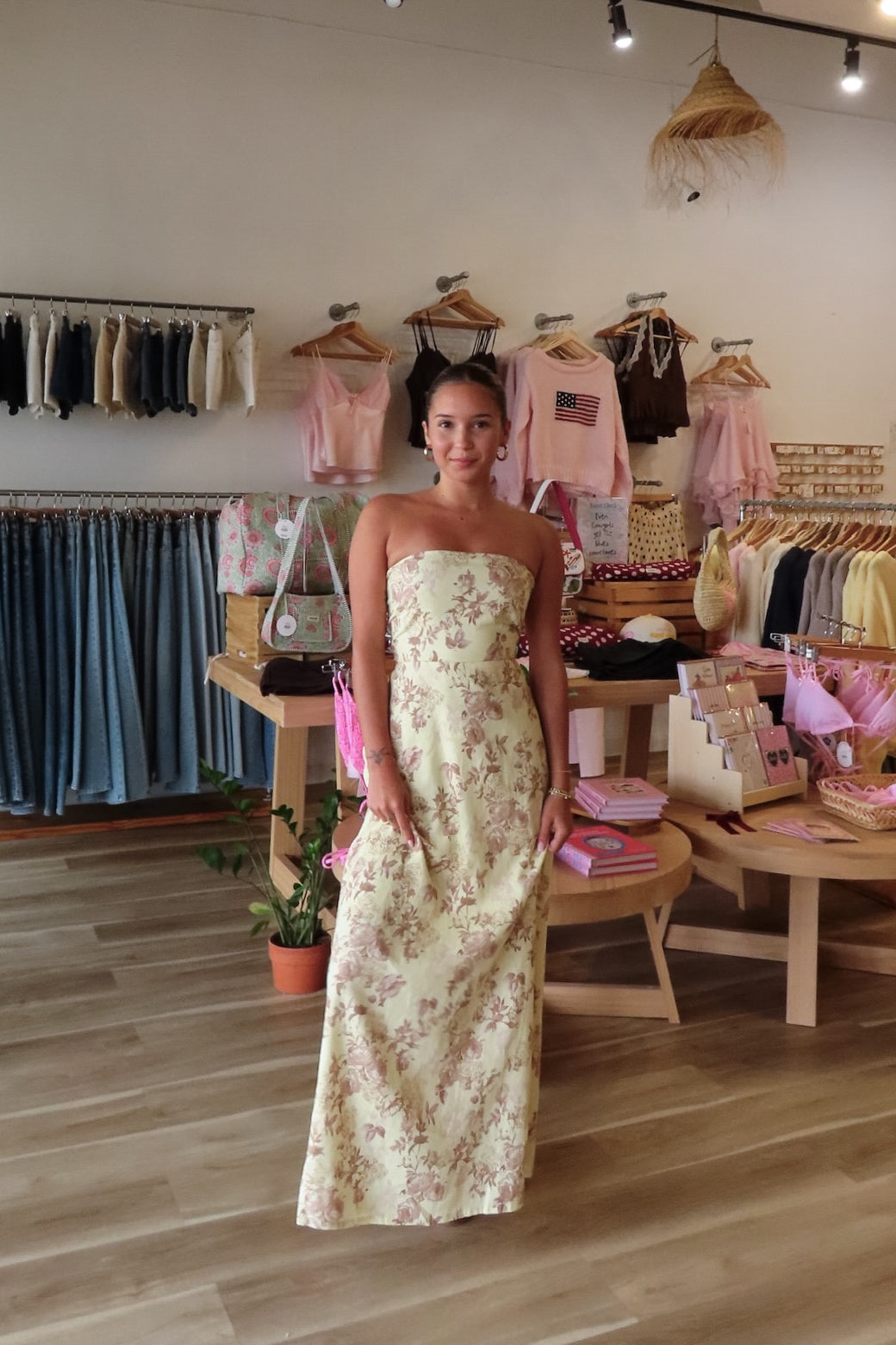 Yellow, floral strapless maxi dress with flared hem, smocked back, and linen blend fabric, formal dress, wedding guest dress, semi-formal dress, special occasion outfit, prom dress, graduation party dress, summer fashion 2026
