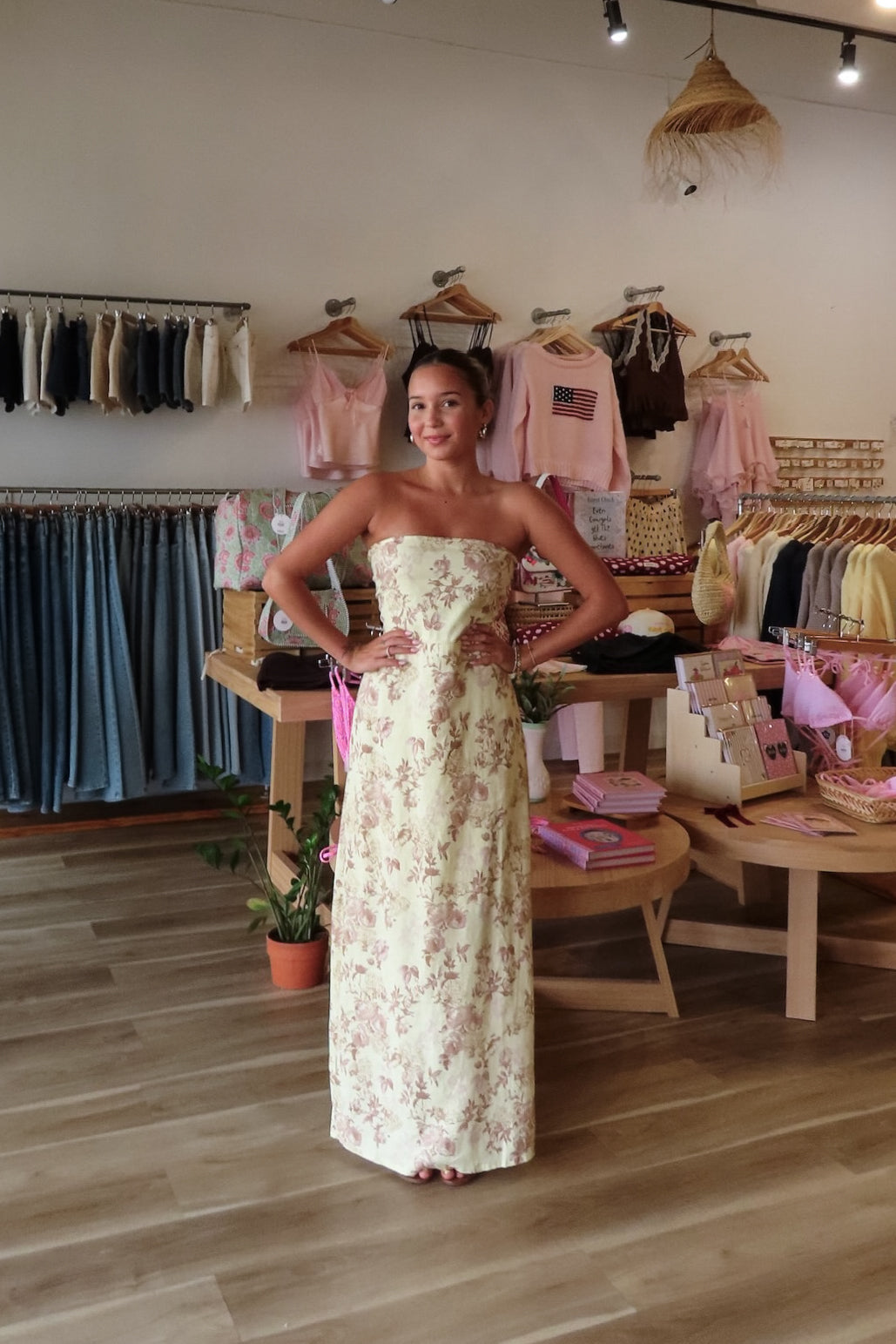 Yellow, floral strapless maxi dress with flared hem, smocked back, and linen blend fabric, formal dress, wedding guest dress, semi-formal dress, special occasion outfit, prom dress, graduation party dress, summer fashion 2026