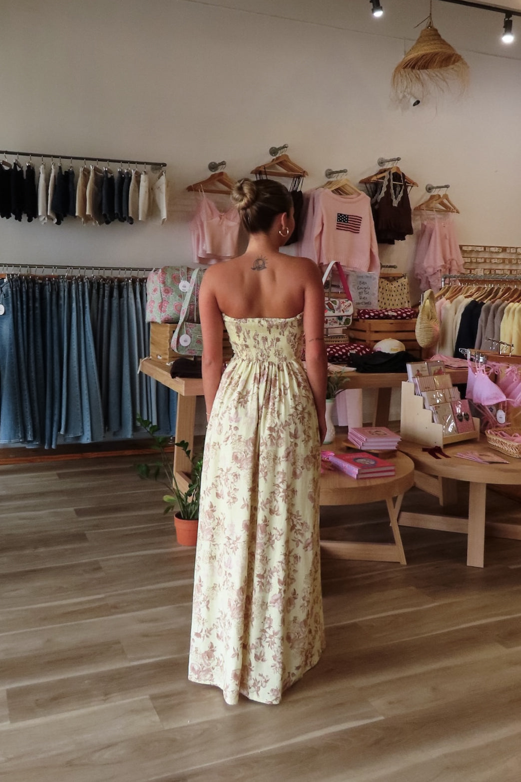 Yellow, floral strapless maxi dress with flared hem, smocked back, and linen blend fabric, formal dress, wedding guest dress, semi-formal dress, special occasion outfit, prom dress, graduation party dress, summer fashion 2026