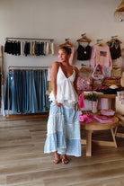 Blue, mixed floral tiered maxi skirt with elastic waistband and lining, mixed print skirt, boho style, vacation skirt, Pixelated Boutique, Women's Clothing, Virginia Beach Clothing Stores, Clothing Stores in Virginia Beach, Virginia Beach Boutique, 757 Boutique, Online Shopping for Women, summer aesthetic, brunch outfit