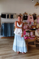 Blue, mixed floral tiered maxi skirt with elastic waistband and lining, mixed print skirt, boho style, vacation skirt, Pixelated Boutique, Women's Clothing, Virginia Beach Clothing Stores, Clothing Stores in Virginia Beach, Virginia Beach Boutique, 757 Boutique, Online Shopping for Women, summer aesthetic, brunch outfit