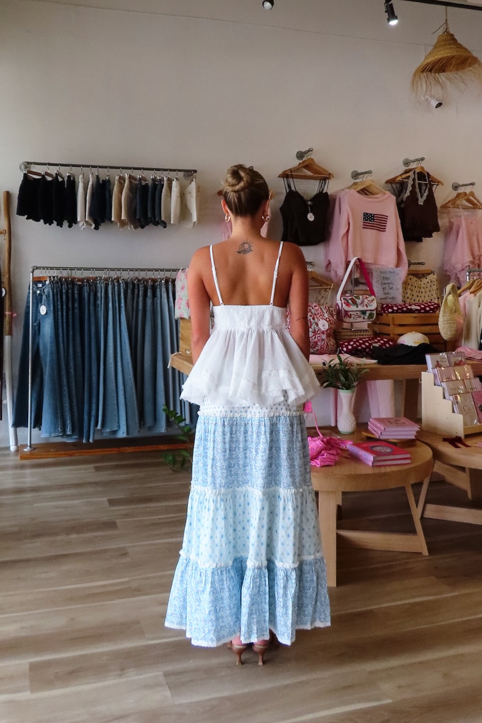 Blue, mixed floral tiered maxi skirt with elastic waistband and lining, mixed print skirt, boho style, vacation skirt, Pixelated Boutique, Women's Clothing, Virginia Beach Clothing Stores, Clothing Stores in Virginia Beach, Virginia Beach Boutique, 757 Boutique, Online Shopping for Women, summer aesthetic, brunch outfit