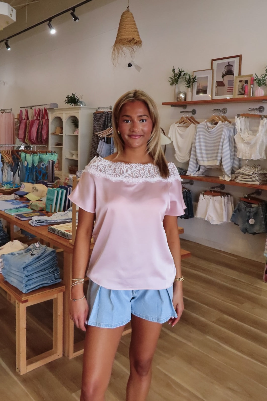 Pink, satin blouse with boat neckline, lace trim, boxy fit, and short dolman sleeves, Pixelated Boutique, Women's Clothing, Virginia Beach Clothing Stores, Clothing Stores in Virginia Beach, Virginia Beach Boutique, 757 Boutique