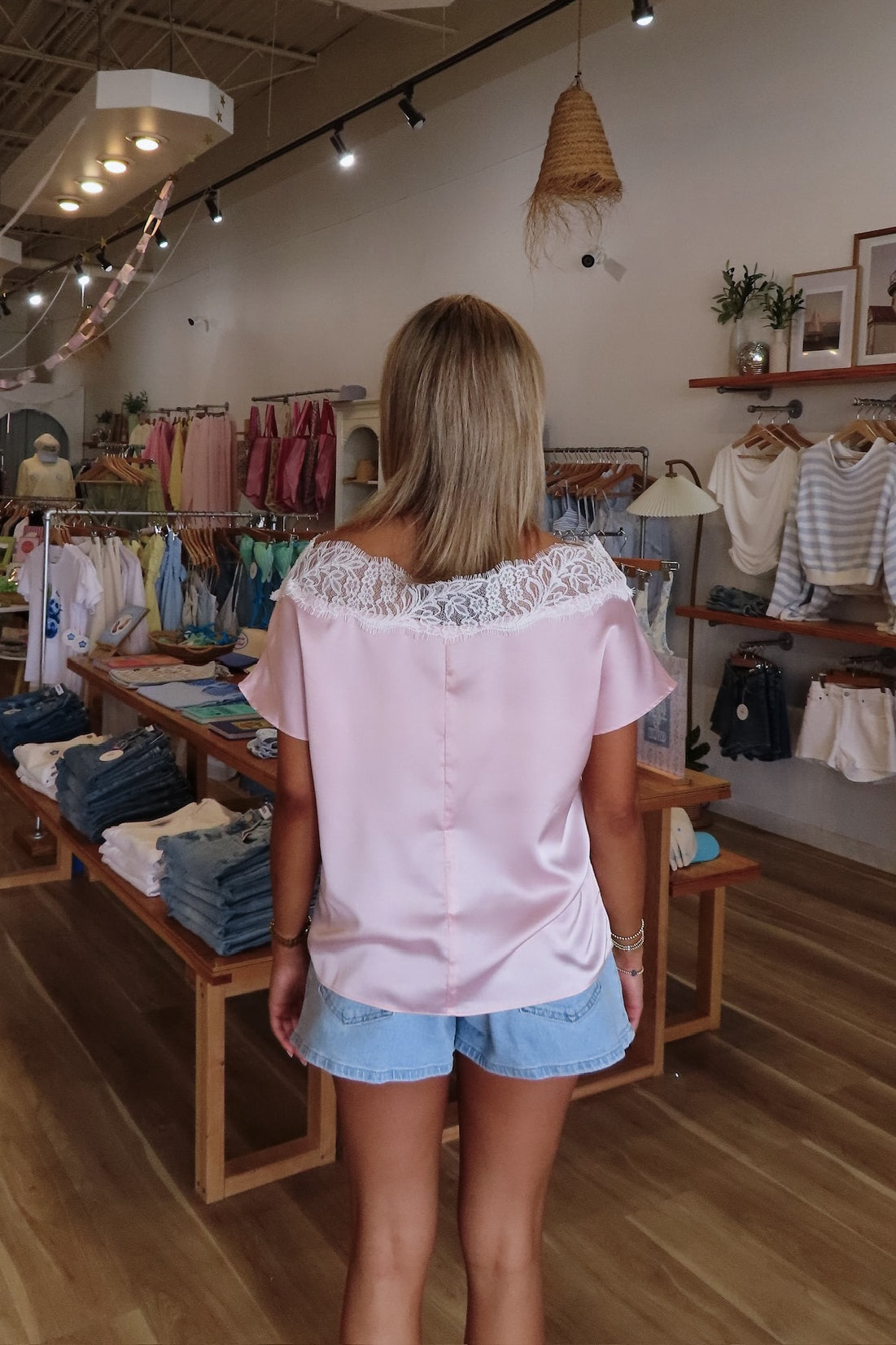 Pink, satin blouse with boat neckline, lace trim, boxy fit, and short dolman sleeves, Pixelated Boutique, Women's Clothing, Virginia Beach Clothing Stores, Clothing Stores in Virginia Beach, Virginia Beach Boutique, 757 Boutique