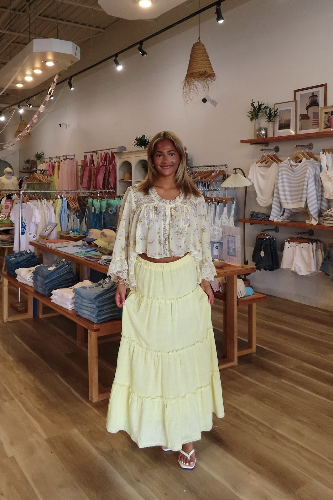 Yellow, tiered maxi skirt with elastic waistband and lining, boho fashion, summer outfit, summer maxi skirt, 757 Boutique, Online Shopping for Women, summer aesthetic, brunch outfit, vacation style, vacation outfits, beach boutique, beach fashion, beach outfits, women’s boutique clothing, boutique clothing for women