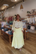 Yellow, tiered maxi skirt with elastic waistband and lining, boho fashion, summer outfit, summer maxi skirt, 757 Boutique, Online Shopping for Women, summer aesthetic, brunch outfit, vacation style, vacation outfits, beach boutique, beach fashion, beach outfits, women’s boutique clothing, boutique clothing for women