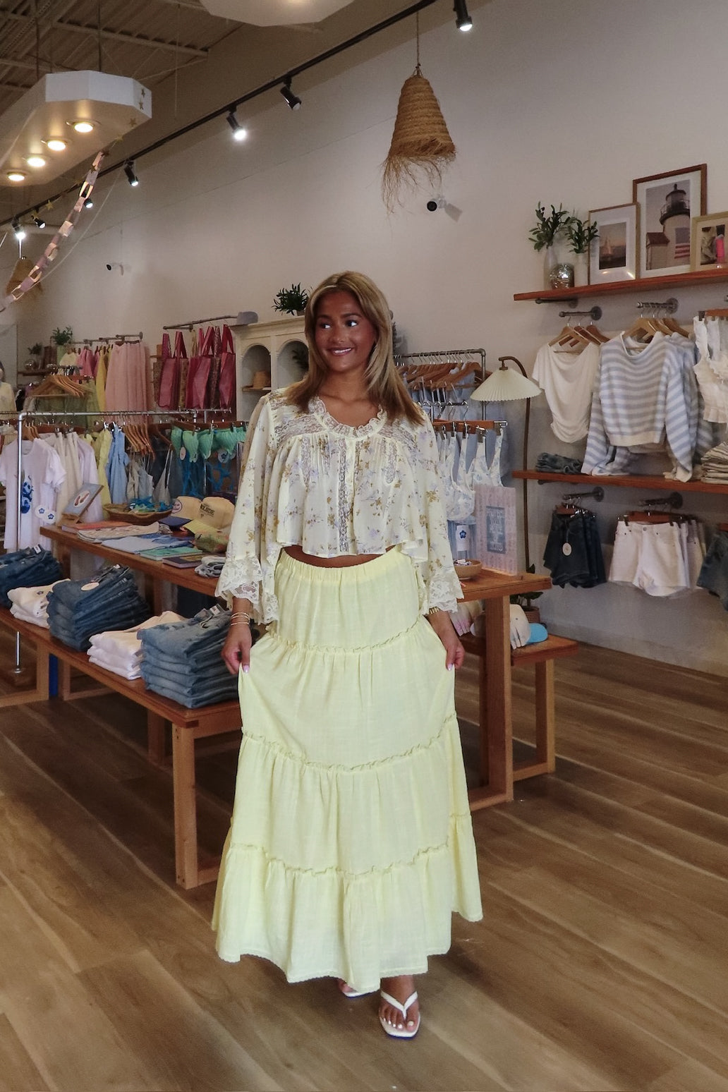 Yellow, tiered maxi skirt with elastic waistband and lining, boho fashion, summer outfit, summer maxi skirt, 757 Boutique, Online Shopping for Women, summer aesthetic, brunch outfit, vacation style, vacation outfits, beach boutique, beach fashion, beach outfits, women’s boutique clothing, boutique clothing for women