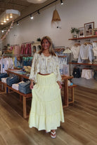 Yellow, tiered maxi skirt with elastic waistband and lining, boho fashion, summer outfit, summer maxi skirt, 757 Boutique, Online Shopping for Women, summer aesthetic, brunch outfit, vacation style, vacation outfits, beach boutique, beach fashion, beach outfits, women’s boutique clothing, boutique clothing for women